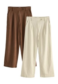 Two pairs of wide-leg trousers: one in brown with vertical stripes, one in plain light beige. Both have pleats and button closures.