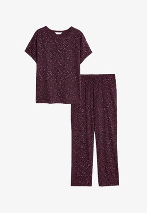 Twee-delige pyjama set in donkerpaars met een gevlekte roze en witte patroon. T-shirt met korte mouwen en broek met elastische taille. Zachte stof structuur.