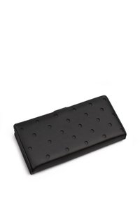 Black leather wallet featuring a raised dot pattern, sleek rectangular shape, and a smooth texture. Closure mechanism not shown.