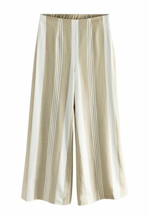 Beige Hosen mit weitem Bein, vertikalen weißen Streifen, hoher Taille und lockerem Schnitt, aus leichtem Stoff gefertigt.