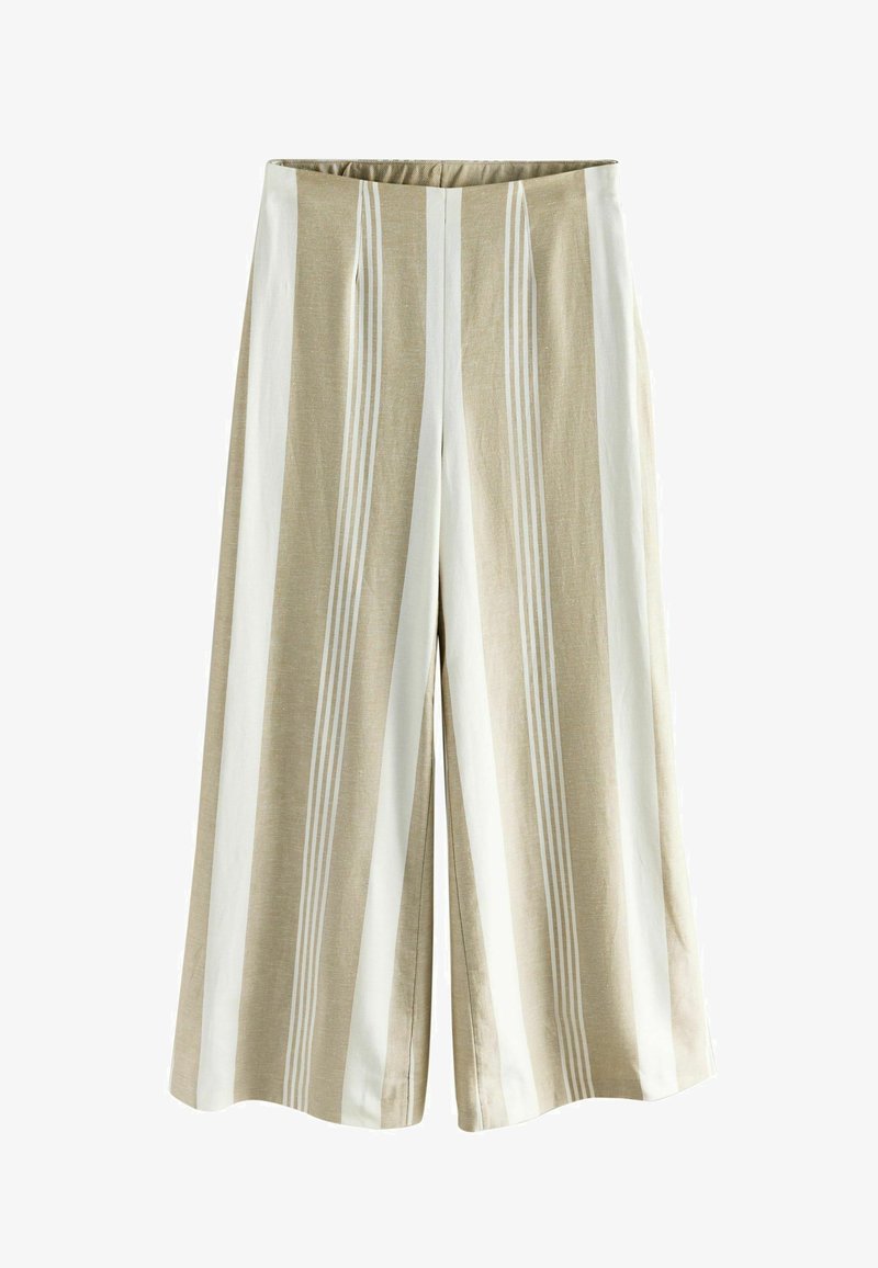Beige Hosen mit weitem Bein, vertikalen weißen Streifen, hoher Taille und lockerem Schnitt, aus leichtem Stoff gefertigt.