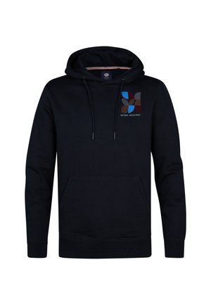 Felpa blu navy con cappuccio regolabile, tasca frontale e logo multicolore ricamato. Realizzata in morbido tessuto di cotone testurizzato.