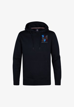 Navy blue hoodie with a drawstring hood, front pocket, and embroidered multicolored logo. Made of soft, textured cotton fabric.