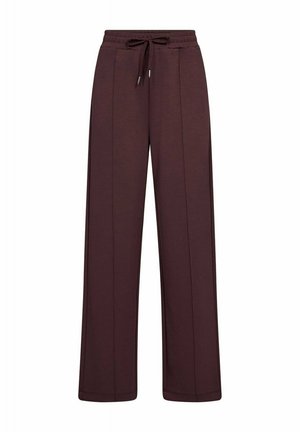 Donkerbruin wijde broek met elastische tailleband, trekkoord en verticale naad aan de voorkant, afgebeeld tegen een witte achtergrond.