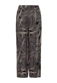 Pantalons amples noirs et beiges avec un motif abstrait tourbillonnant, taille élastique et tissu léger.