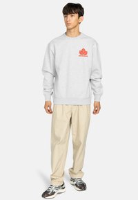 Felpa grigia con logo rosso "Element" sul petto, con maniche lunghe e polsini a costine, abbinata a pantaloni beige e sneaker multicolori.