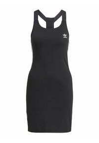 Robe débardeur noire en coton avec une coupe ajustée. Présente de larges bretelles, une découpe dans le dos et des bandes blanches latérales avec un logo.