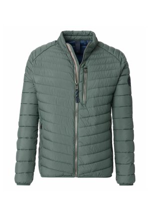Padded green jacket with a stand-up collar, front zip closure, horizontal stitched pattern, and side pockets. Soft, lightweight material.