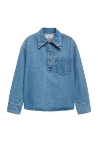 Jasnoniebieska koszula dżinsowa z zapięciem na guziki, spiczastym kołnierzykiem, długimi rękawami i kieszenią na piersi. Gładka faktura i klasyczny design.