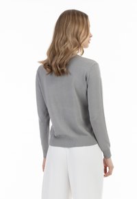 Helles graues Sweatshirt mit langen Ärmeln und geripptem Saum, das eine glatte Textur und ein schlichtes Design aufweist. Von hinten dargestellt.