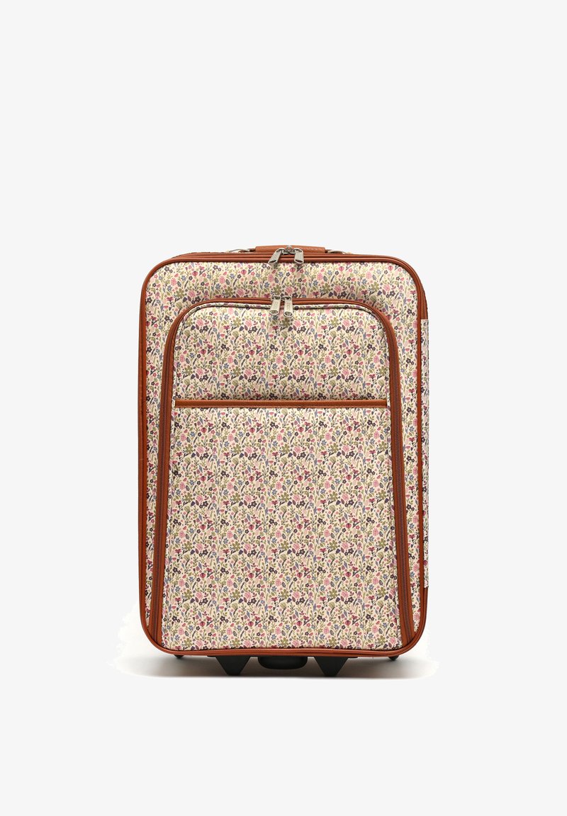 Soft-sided suitcase with floral pattern in pink, purple, and green, brown trim, dual front zipper pockets, and wheels at the base.
