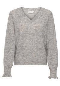 Szary sweter robiony na drutach z dekoltem w serek, długimi rękawami i falbaniastymi mankietami, wykonany z miękkiego materiału o delikatnej mieszanej teksturze.