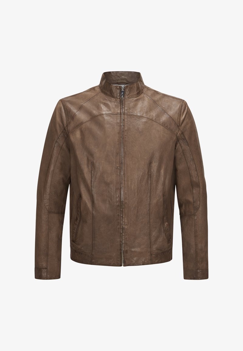 Braune Lederjacke mit Stehkragen, Reißverschluss vorne und zwei Seitentaschen. Besitzt eine glatte Textur und strukturierte Nähte.