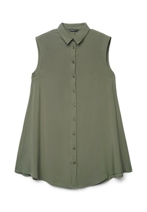 Sleeveless olive green button-up shirt dress with a pointed collar and flared hem.