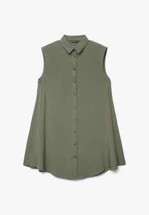 Sleeveless olive green button-up shirt dress with a pointed collar and flared hem.