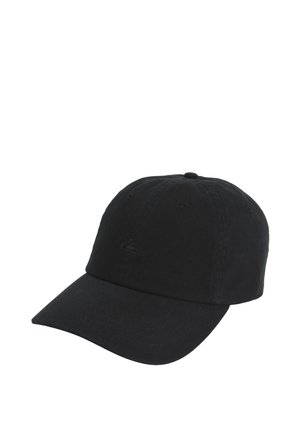 Black six-panel baseball cap with curved brim and small tonal logo on the front, displayed on a white background.