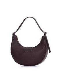 Hobo tas in donkerpaars, gekorreld leer, halve cirkelvorm, met ritsluiting aan de bovenkant en een korte schouderriem. Glad textuur met minimale hardware.