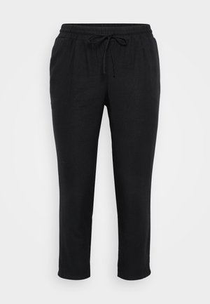 Black, lightweight jogger pants with an elastic waistband and adjustable drawstring. Ankle-length with a smooth texture and no visible patterns.