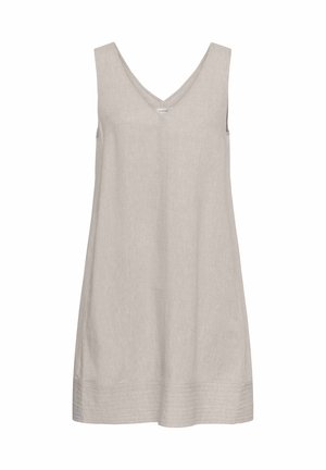 Mouwloze beige linnen jurk met V-hals en horizontale stikdetails langs de zoom, getoond op een witte achtergrond.