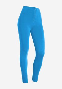 Leggings alta in vita di colore blu con una texture liscia e una zip frontale. Realizzati in materiale elastico, sono aderenti e leggeri.