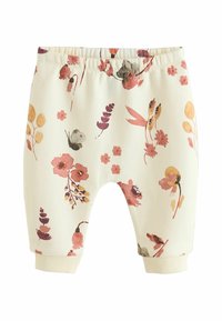 Pantalones para bebé color crema con cintura y puños elásticos, con un estampado floral y de mariposas en rosa, púrpura y amarillo.