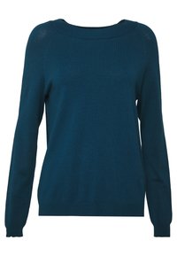 Maglione a maglia in teal con ampio scollo rotondo, maniche lunghe e polsini a costine. Texture morbida e design aderente in vita.