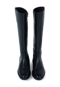 Pair of tall black leather boots with rounded toes and side zippers, standing upright on a white background.