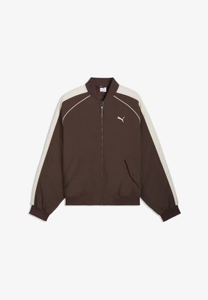 Brun lynlåsjakke med beige striber på ærmerne, ribbede manchetter, krave, kant, forlommer og en lille hvid Puma-logo på brystet.