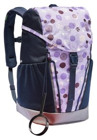 Colorful purple backpack with polka dot pattern, dark blue accents, mesh side pocket, and a circular metal keychain holder.