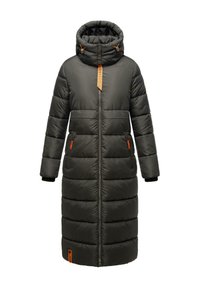 Lång, mörkgrön puffjacka med huva, med en orange etikett, dragkedja fram och två sidofickor med orange dragkedjor. Texturerad, kviltad design.