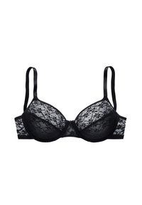 Black lace underwire bra featuring floral pattern, adjustable satin straps, and hook closure. Cups and band have a sheer lace overlay.