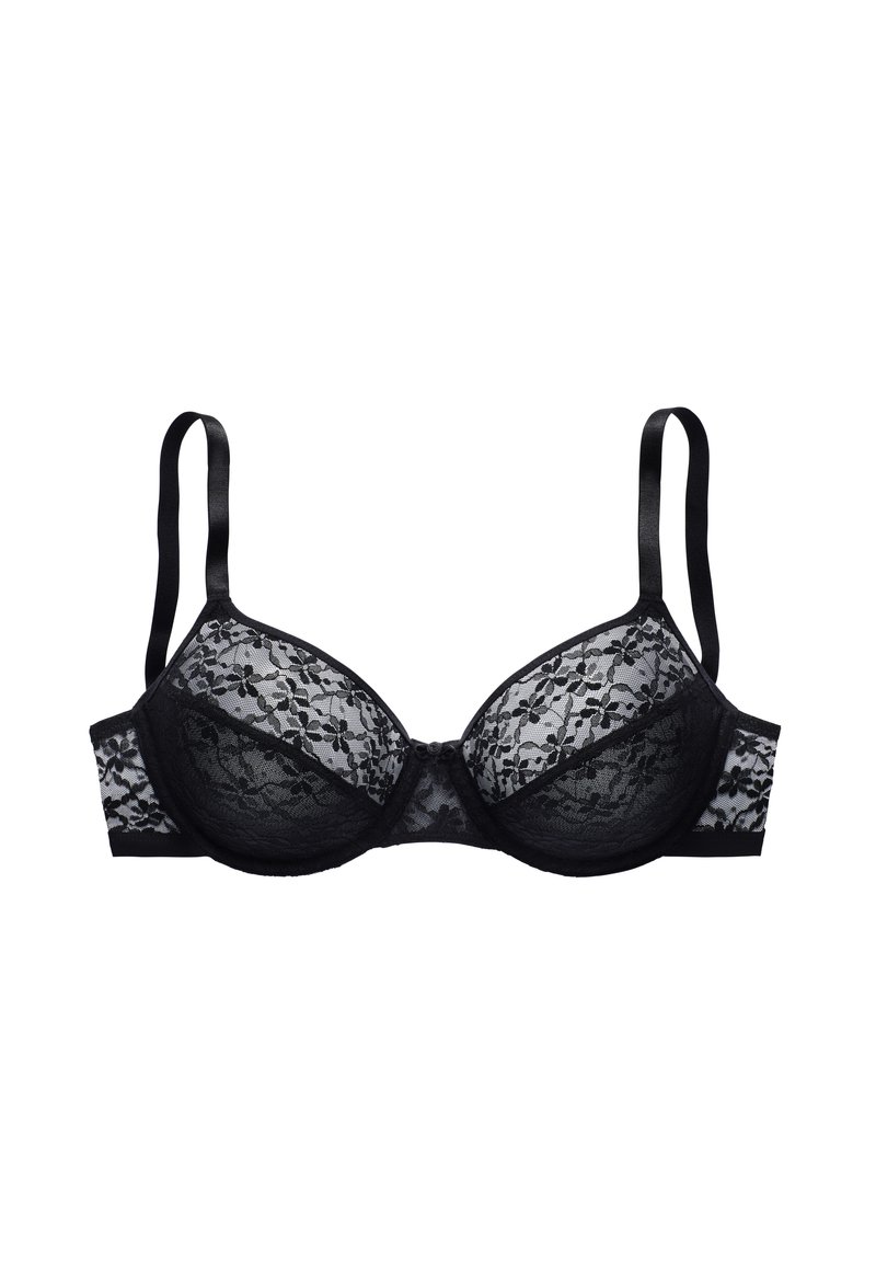 Black lace underwire bra featuring floral pattern, adjustable satin straps, and hook closure. Cups and band have a sheer lace overlay.