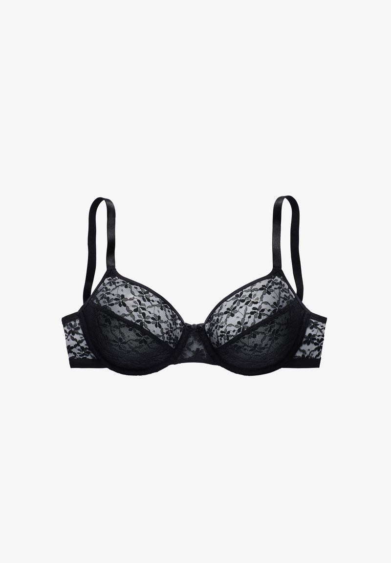 Black lace underwire bra featuring floral pattern, adjustable satin straps, and hook closure. Cups and band have a sheer lace overlay.