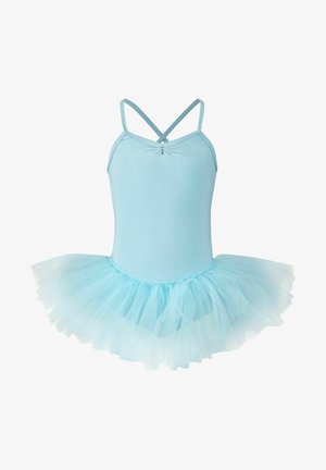 Leotardo de ballet azul claro con falda de tul. Las tiras tipo tanque se cruzan en la parte trasera, con una pequeña gema decorativa en el centro frontal.