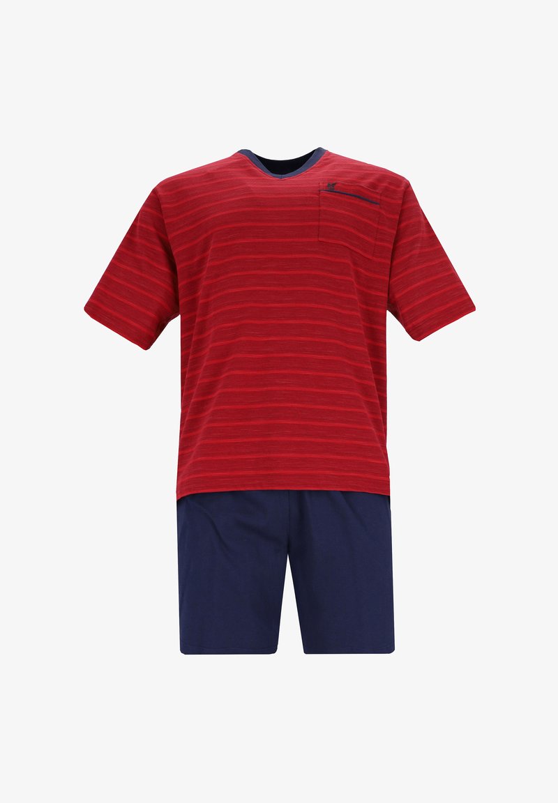 Rot gestreift, kurzärmliges T-Shirt mit einem navyfarbenen Rundhalsausschnitt und Tasche; kombiniert mit navyfarbener Shorts. Aus Baumwollmaterial, lässige Passform, ohne sichtbare Marken.