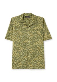 Camicetta a maniche corte con bottone in verde spento, caratterizzata da un motivo astratto testurizzato in verde scuro, con colletto alla francese e tessuto leggero.