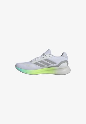 White and gray Adidas running shoe with mint green and yellow gradient sole, mesh upper, and lace-up closure, side view on white background.