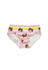 Boxer en coton dans des couleurs pastel, avec un motif de visages de dessin animé avec des oreilles de chat. Les bordures roses et le détail du nœud rehaussent le design.
