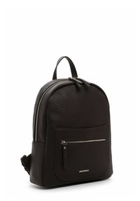 Small dark brown textured leather backpack with front zip pocket, double zipper main compartment, and top carry handle.