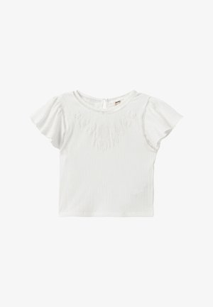 Top bianco a maniche corte con tessuto testurizzato, dotato di scollatura rotonda e maniche leggermente arricciate. Ricamo floreale sottile sulla parte anteriore.