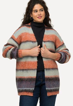 Strickjacke mit breiten Streifen in Orange, Creme und Grau. Weiche Textur, lange Ärmel, offene Vorderseite sowie gerippte Bündchen und Saum.