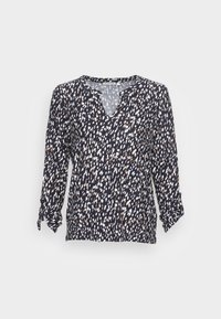 Marinebluse mit V-Ausschnitt, Dreiviertelärmeln und umgeschlagenen Manschetten. Mit einem mehrfarbigen gepunkteten Muster in Weiß, Beige und Braun.