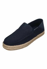 Marineblaue Leinenschlupfschuhe mit V-Ausschnitt-Design, ausgestattet mit einer natürlichen Jutesele und strukturierten Stoffakzenten.