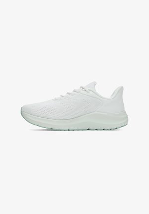 White athletic shoes with a mesh upper, textured detailing, a cushioned sole, and a light green outsole. Flat laces and minimalist design.