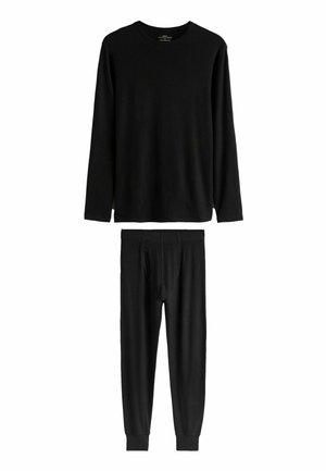 Czarna bluzka z długim rękawem i dopasowane spodnie wykonane z gładkiego materiału. Bluzka ma okrągły dekolt; spodnie wyposażone są w elastyczną talię i mankiety.