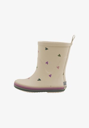 Botte de pluie en caoutchouc de couleur crème, avec un motif de petits cœurs verts et roses. Semelle rayée en violet, vert et beige.