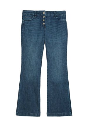 Jeans flare in denim leggero di colore blu scuro, con chiusura a cinque bottoni e un leggero effetto sbiadito. Presentano tasche standard e taglio dritto.