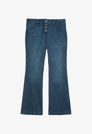 Jeans flare in denim leggero di colore blu scuro, con chiusura a cinque bottoni e un leggero effetto sbiadito. Presentano tasche standard e taglio dritto.