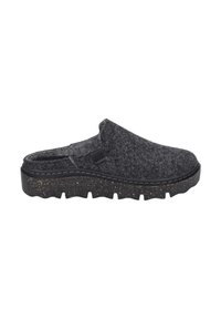 Gray felt clog with a textured upper and a black, speckled rubber sole. Features a slip-on design with side elastic for ease of wear.
