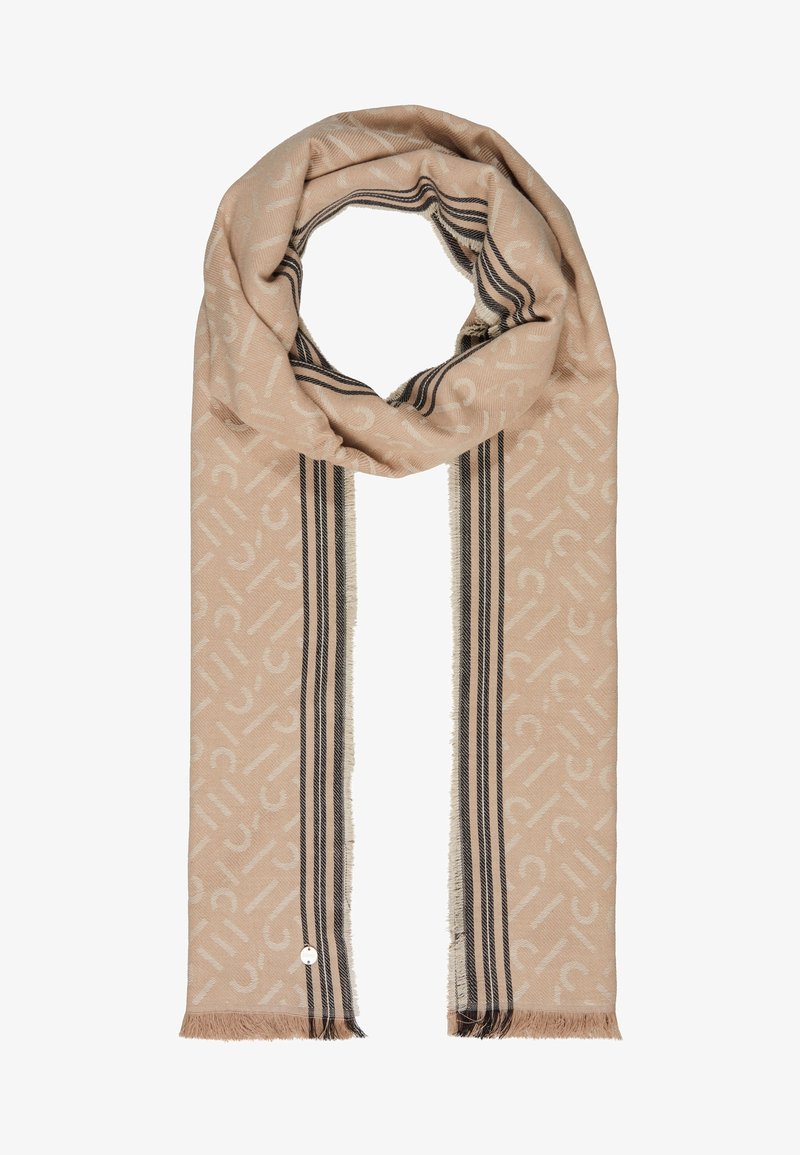 Écharpe beige avec un motif abstrait subtil, deux bandes noires verticales de chaque côté et de courtes franges aux extrémités.